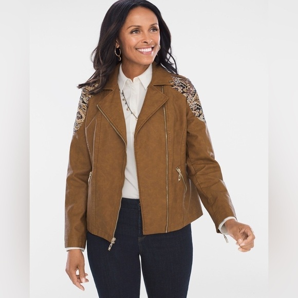 Chico's Jackets & Blazers - Chico’s Faux-Leather Jacquard Moto Jacket bohemian western rodeo size small